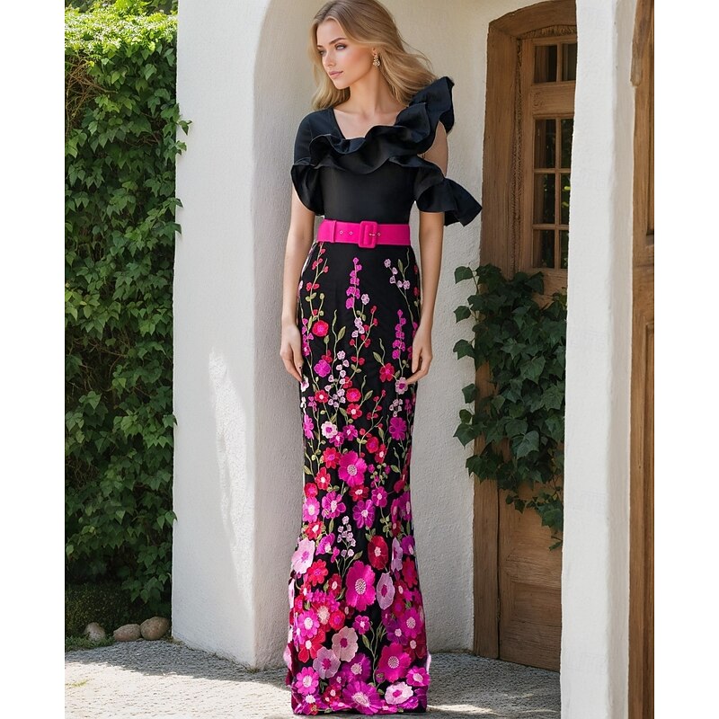 Mermaid / TrumpetBlack Evening Gown Elegant Dress Semi Formal Wedding Floor Length Sleeveless One Shoulder Satin with Ruffles Floral Embroidered Lace