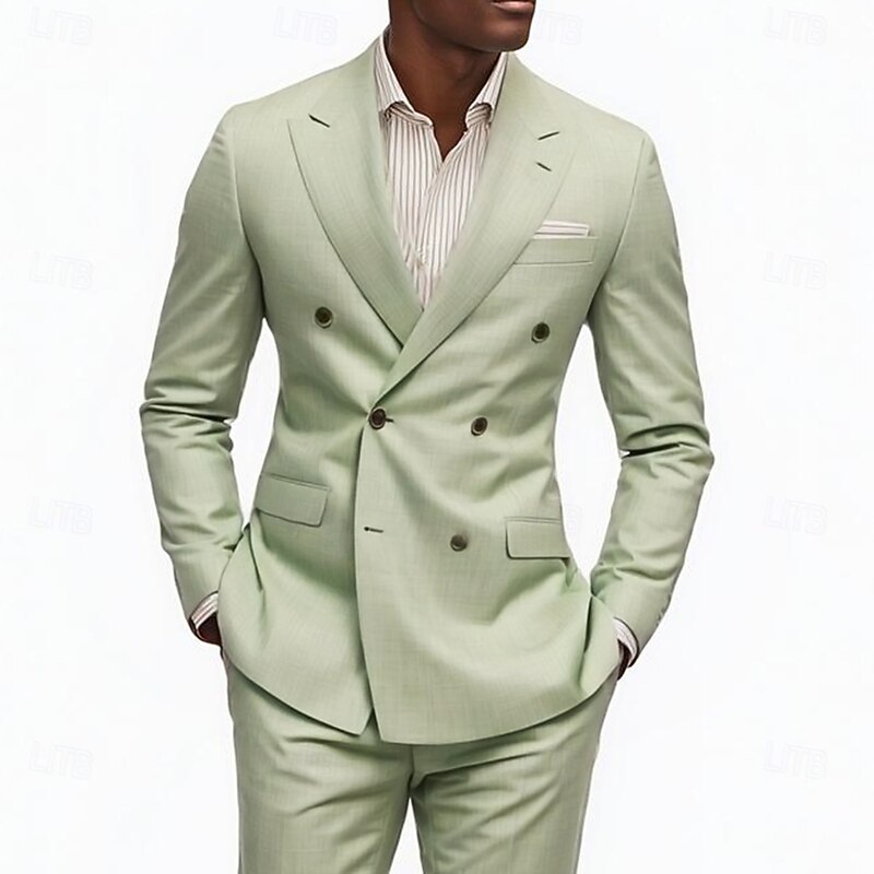 Men's Wedding Casual Suits Peaked Lapel Sage Fashion Solid Colored Standard Fit 2 Piece Double Breasted Six-buttons3