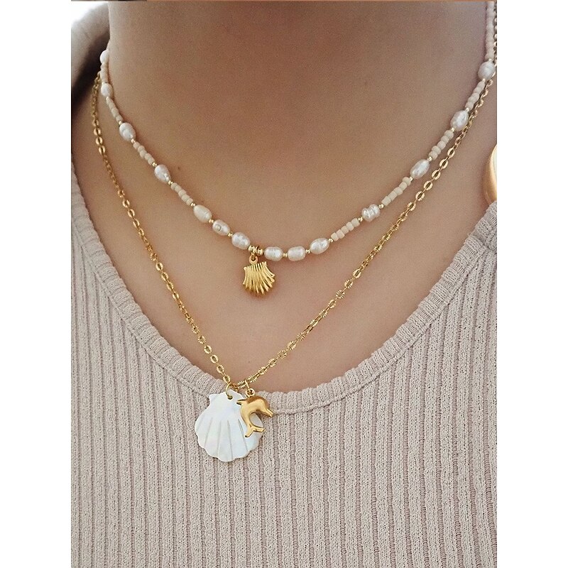 Women's Mother-of-Pearl Seashell Pendant Necklaces – Beach-Inspired Gold Chain Jewelry with Nautical Charms (Starfish, Turtle, Dolphin, Shell) for Summer Travel, Vacations & Gifts3