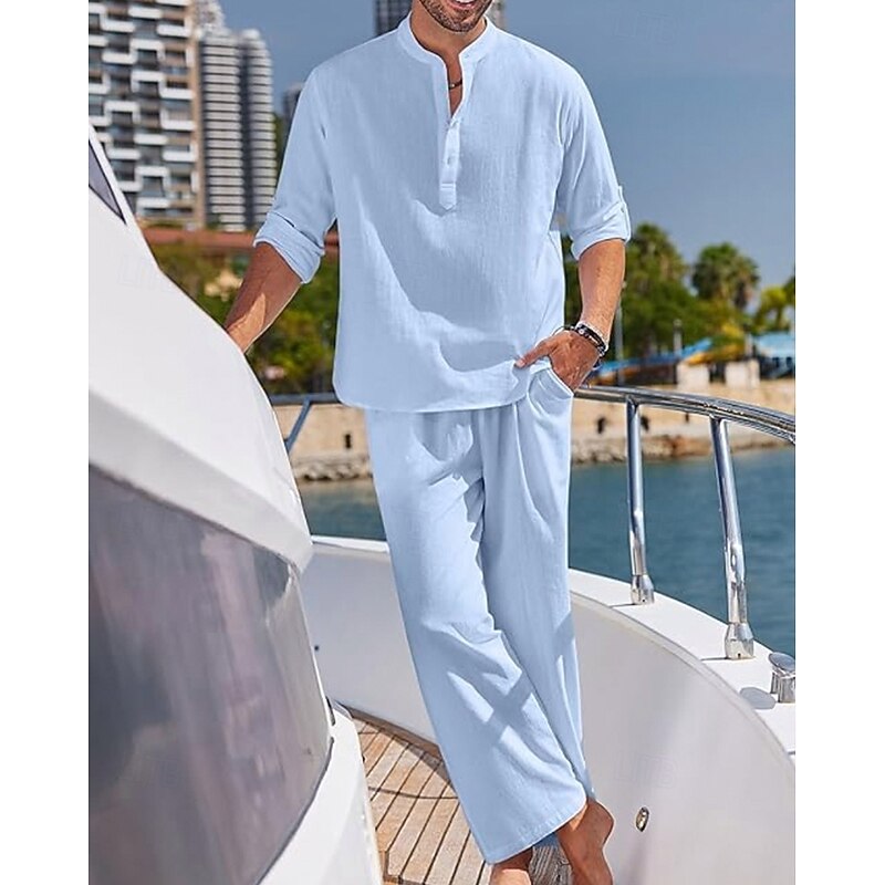 Men's T-shirt Suits Shirt and Pant Sets 2 Pieces Outfits Full Body Henley Spring & Summer Plain Fashion Casual 2 Piece Vacation Daily Wear Going out Black White Blue Top Tee for Men4