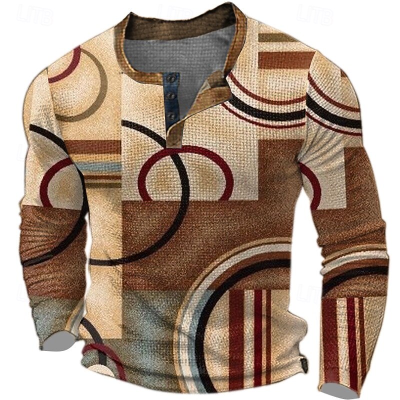 Men's Graphic Color Block Geometic Waffle Henley Shirt Casual Style Classic Style Long Sleeve 3D Print Fashion Designer Basic Outdoor Daily Spring &  Fall Red Blue Brown Gray Henley Henley T-Shirt