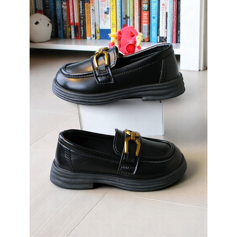 Little Girls' Black Faux Leather Loafers with Gold Buckle – Classic School Uniform Dress Shoes for Kids2