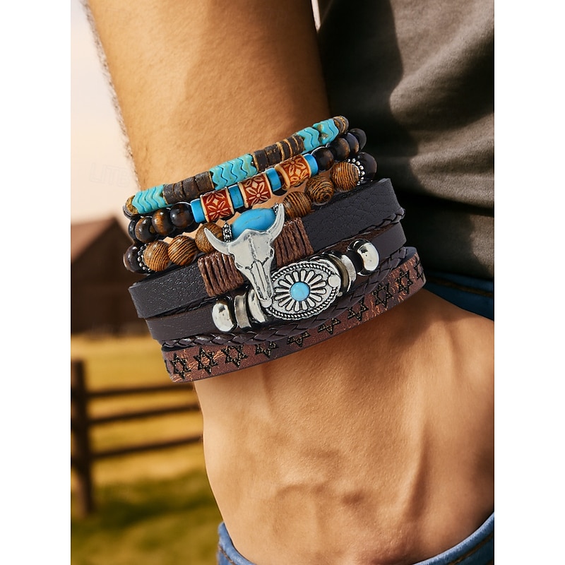 Men's Leather Beaded Western Bracelet Set with Turquoise Stones, Cow Skull Design, Boho Style for Casual and Outdoor Wear2