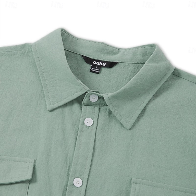 Men's Shirt Linen Shirt Summer Shirt Beach Shirt Western Shirt Solid Color Vacation Curise Green Gray Light Blue Short Sleeve Fold-over Collar Summer Spring & Summer Clothing Apparel Pocket3