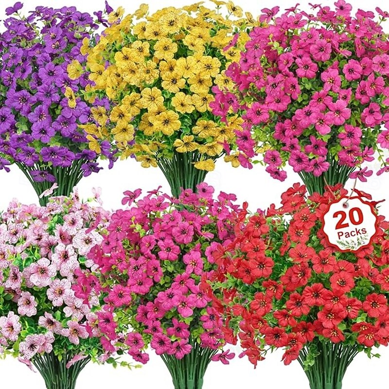 20 Bundles Artificial Flowers for Outdoors Decoration Fake Silk Flowers UV Resistant Faux Plants Artificial Daisy Eucalyptus for Spring Summer Garden Yard Porch Window Home Decor Mix Colors
