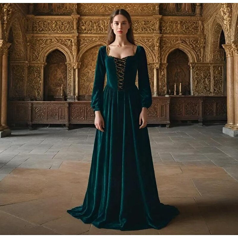 Retro Vintage Medieval Renaissance Dress Prom Dress Queen Viking Fancy Dress Women's Celtic Royal Halloween Carnival Performance Party LARP Adults' Dress