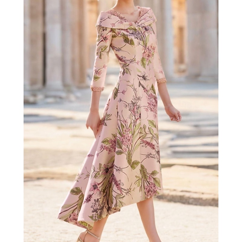 A-Line Mother of the Bride Dress Wedding Guest Elegant Vintage V Neck Ankle Length Satin  Short Sleeve with Flower Race Day Dress Wedding Guest Dress3