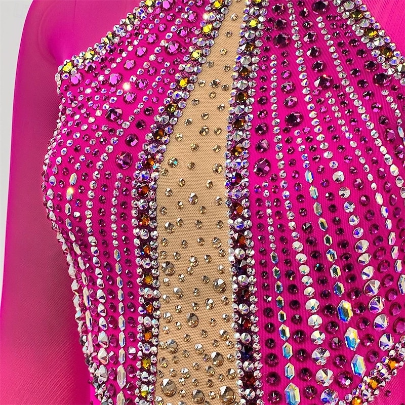 Figure Skating Dress Women's Girls' Ice Skating Dress Rose Red Patchwork Open Back Mesh High Elasticity Training Competition Skating Wear Classic Crystal / Rhinestone Long Sleeve Ice Skating Figure4