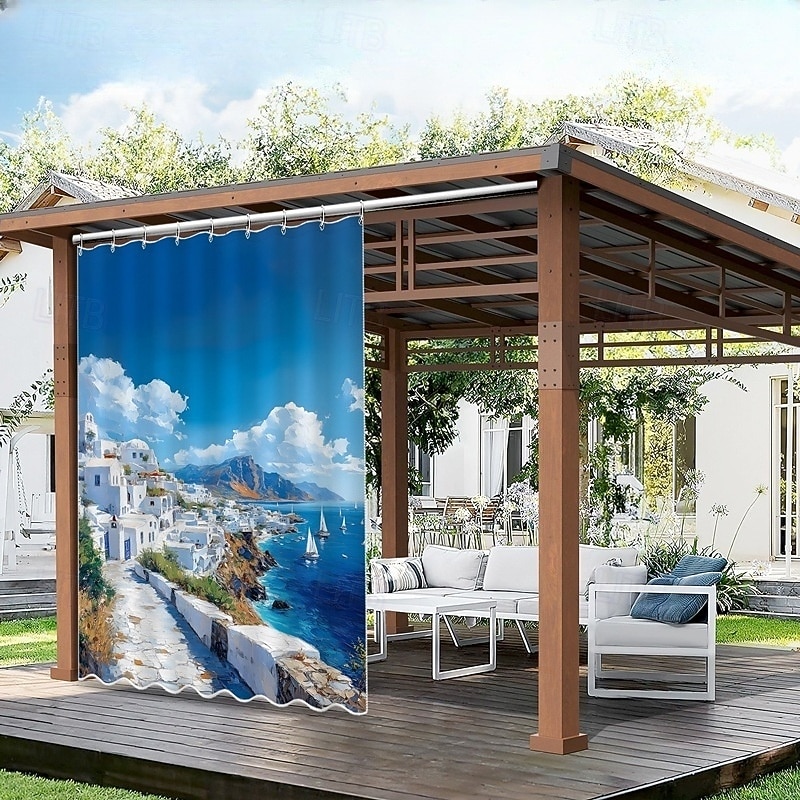 Waterproof Outdoor Curtain Privacy, Sliding Patio Curtain Drapes, Pergola Curtains Grommet 3D Landscape Saintorini For Gazebo, Balcony, Porch, Party, 1 Panel2
