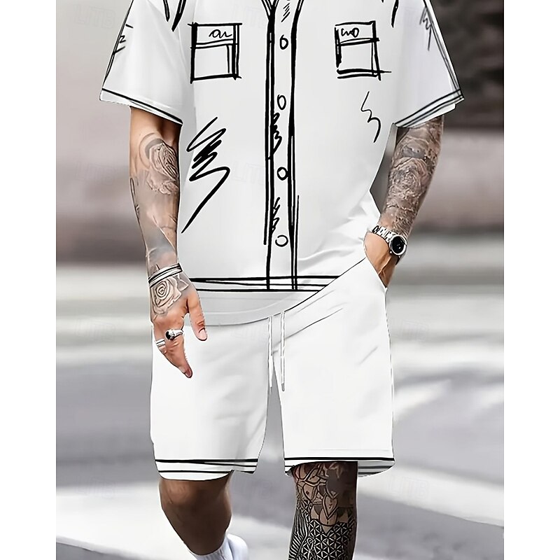 Men's T-shirt Suits 2 Pieces Outfits Tee & Shorts Short Sleeve Crew Neck Summer Graphic Fashion Casual 2 Piece Vacation Daily Wear Going out Black White Top Tee for Men2
