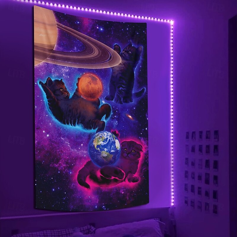 "Cosmic Kittens" by Vincent Hie Blacklight Tapestry Glow in the Dark Glow Party UV Reactive Trippy Misty Hanging Tapestry Wall Art Mural for Living Room Bedroom2