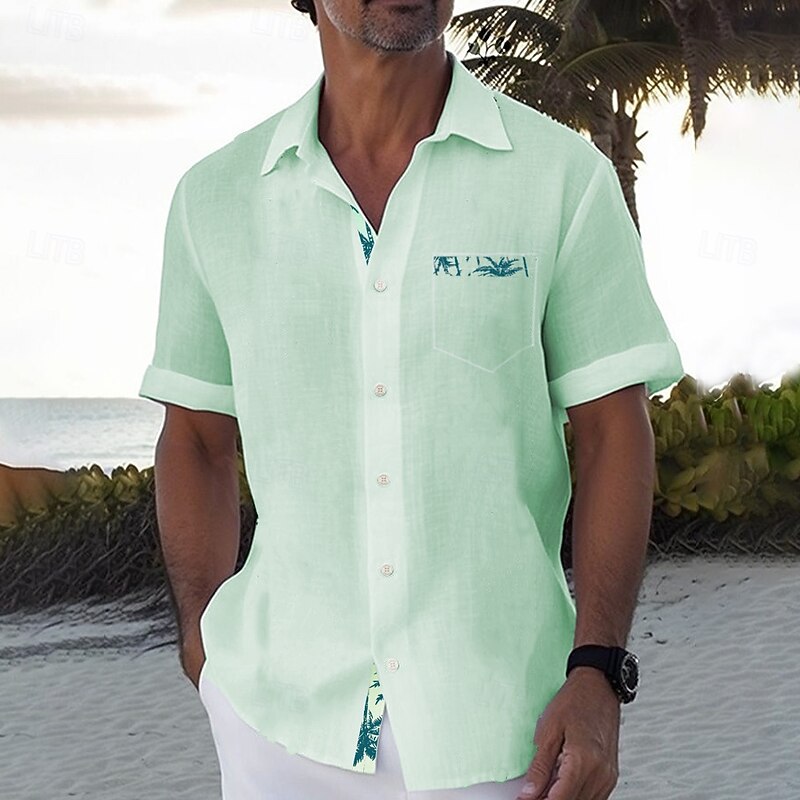 Men's Coconut Tree Linen Shirt Summer Shirt Button Up Shirt Short Sleeve Fashion Casual Vacation Holiday Beach Wear Summer Spring Turndown Collared Shirts Front One Pocket White Green2