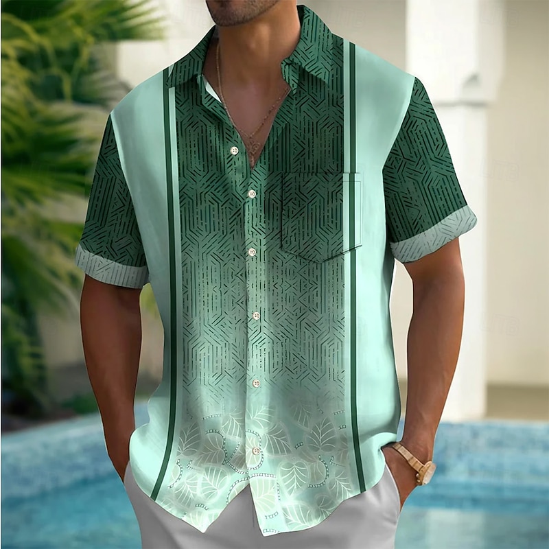 Men's Geometric Gradient Color Shirt Casual Shirt Button Up Shirt Short Sleeve Fashion Casual Outdoor Vacation Dailywear Summer Spring Turndown 3D Print Collared Shirts Front One Pocket Blue Green