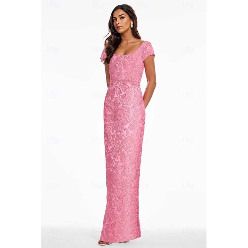 Jacquard Floral Column Evening Gown Elegant Dress Formal Wedding Ankle Length Short Sleeve V Neck Nylon with Floral Print Slit Pocket Wedding Guest Dress