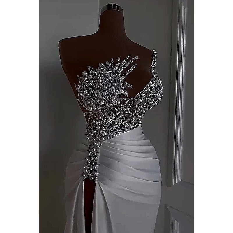 Mermaid / Trumpet Evening Gown Elegant Dress Carnival Masquerade Floor Length Sleeveless Off Shoulder Satin with Pearls Overskirt2