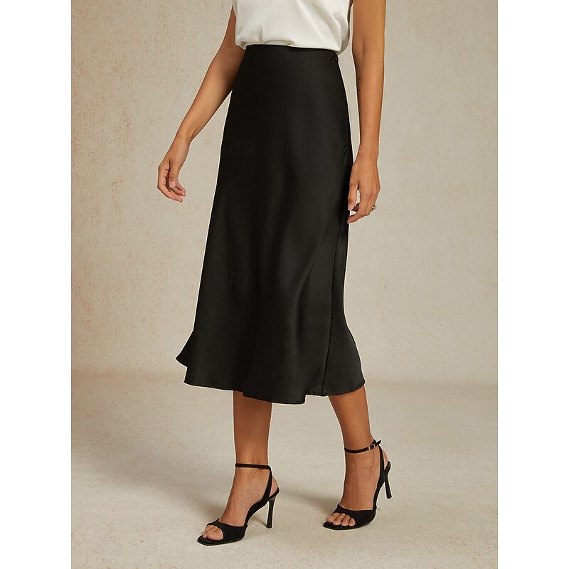 Women's Skirt Elegant Fashion Business Midi Mid Rise Skirts Plain Chiffon Flowy Party Evening Wear WorkWear Black Summer Satin4