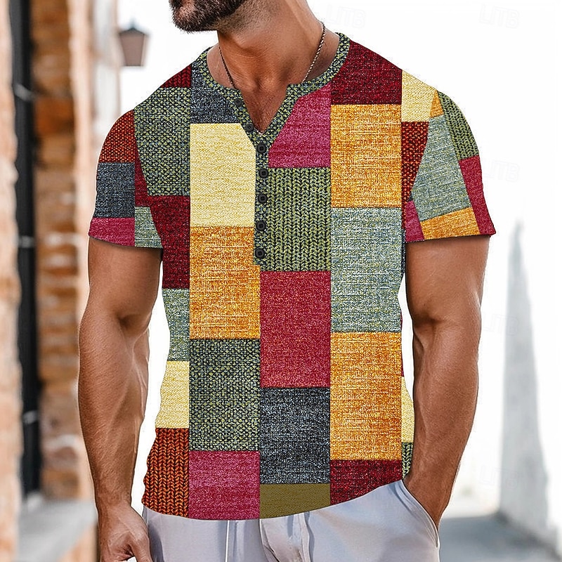 Men's Faux Patchwork Pattern T Shirt Henley Shirt Short Sleeve Sports Fashion Designer Outdoor Street Casual Summer Pink Orange Henley Henley T-Shirt