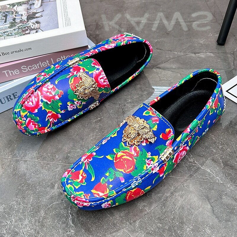 Men's Blue Floral Slip-On Loafers with Lion Head Decoration, Stylish Moccasins, Ideal for Casual Outings, Resort Wear, and Relaxing Vacations4