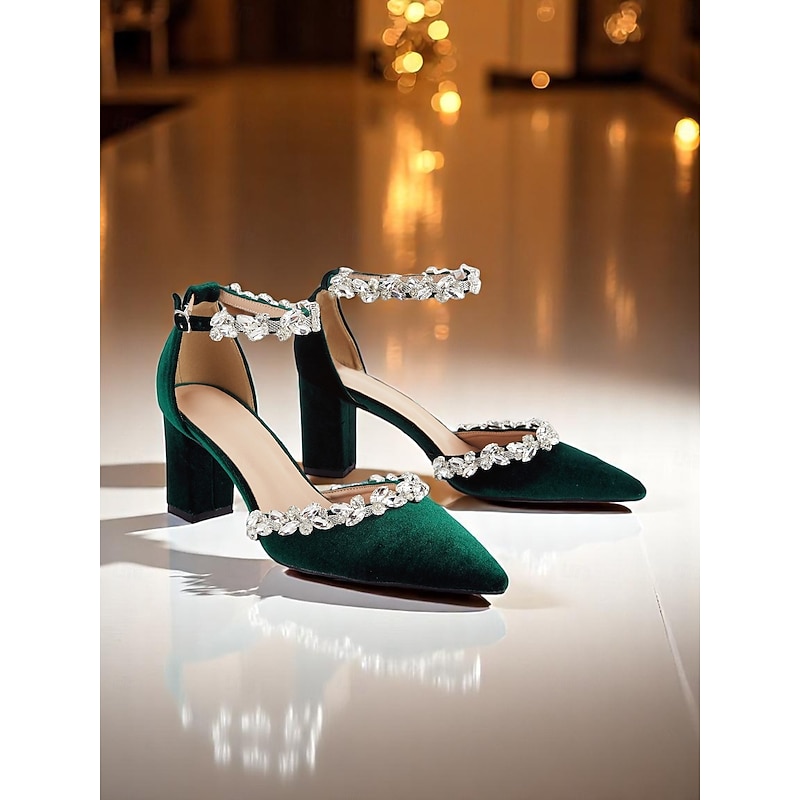 Women's Green Velvet Block Heel Pumps with Rhinestone Ankle Straps for Weddings and Formal Events