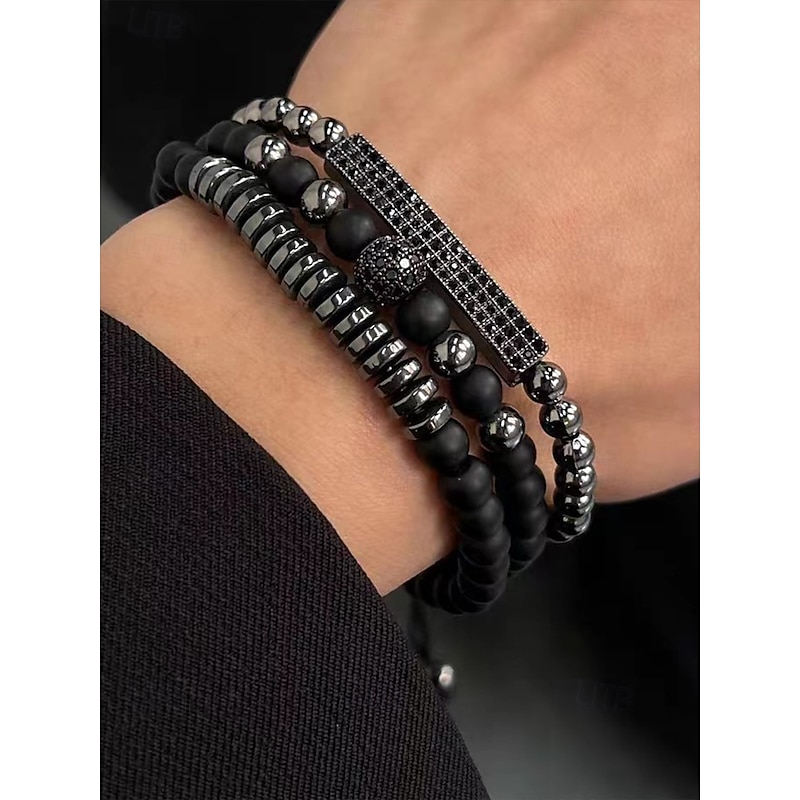Men's Black Beaded Bracelet Set with Silver Accents - Fashionable Jewelry for Casual & Formal Occasions, Perfect for Gifts2