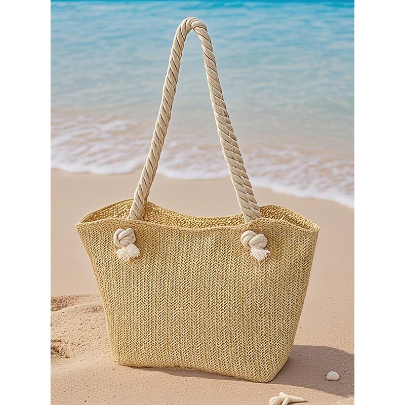 Women's Straw Beach Tote Bag with Rope Handles – Large Summer Handbag for Vacation, Pool, Travel and Casual Outfits Khaki Beige2
