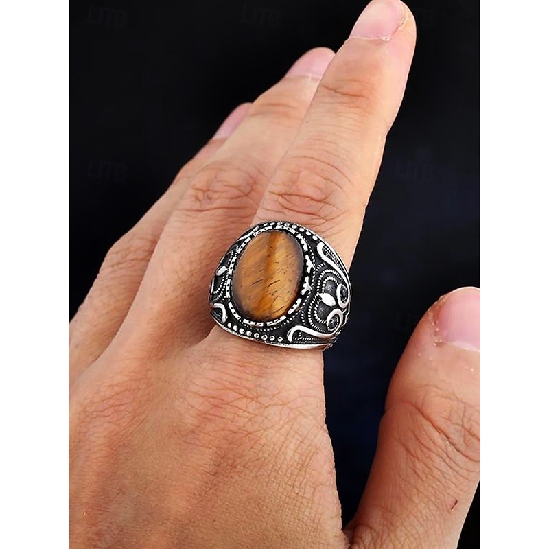 Men's vintage tiger eye stone stainless steel ring, antique silver tribal design, bold statement ring, suitable for casual and formal occasions2