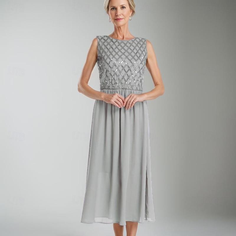 A-Line Mother of the Bride Dress Wedding Guest Dress Simple Minimalist Crew Neck Tea Length Chiffon Sleeveless with Sequin Lace