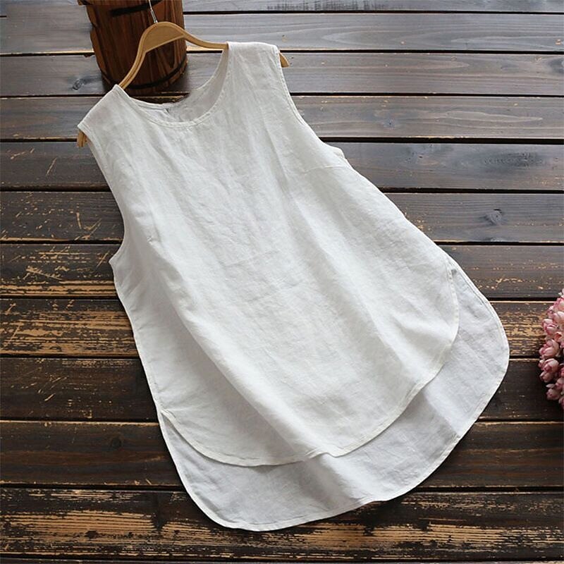Women's  Cotton Linen Vest Plain Basic Casual Short Sleeve Crew Neck Regular Tops Daily Going out Asymmetric Hem Black White Khaki Summer2