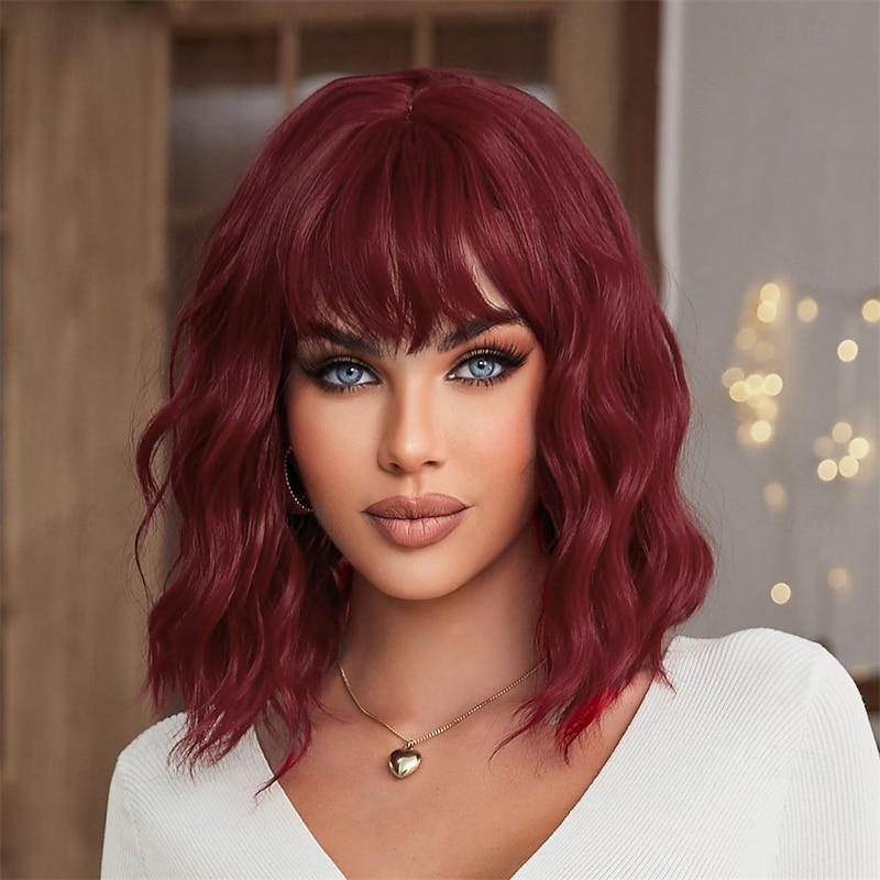 Red Wig with Bangs Short Wavy Wigs for Women Wine Red Curly Shoulder Length Bob Wig Synthetic fiber Wigs for Daily Party Use