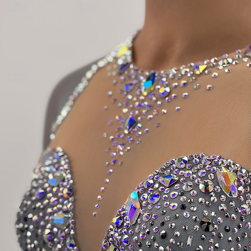 Figure Skating Dress Women's Girls' Ice Skating Dress Black Sliver Thumbhole Open Back Mesh High Elasticity Training Competition Skating Wear Classic Crystal / Rhinestone Long Sleeve Ice Skating4