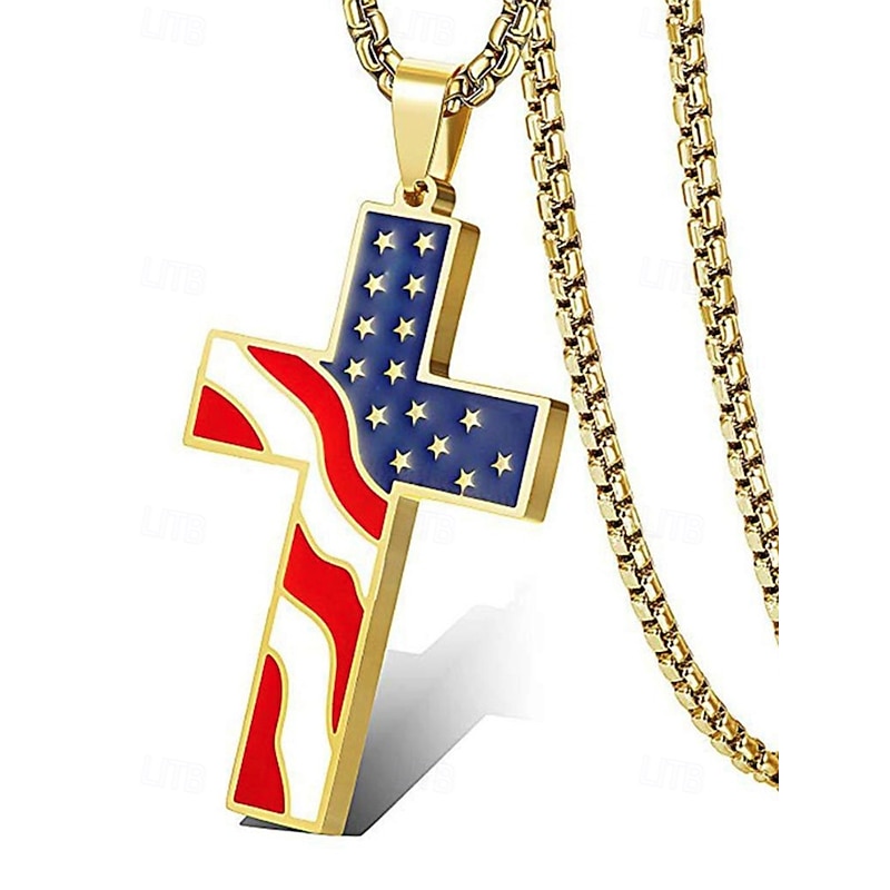 Men's American Flag Cross Pendant Necklace – Gold & Silver Tone with USA Flag Design, Stylish and Trendy for Casual & Statement Wear