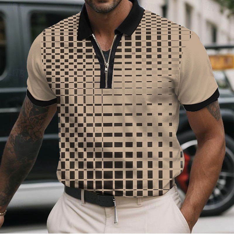 Men's Geometic Line Zip Polo Shirts Short Sleeve Polo Shirts Collared Shirts Business Casual Business Athleisure Wear to work Daily Wear 3D Print Summer Pink Blue Khaki4