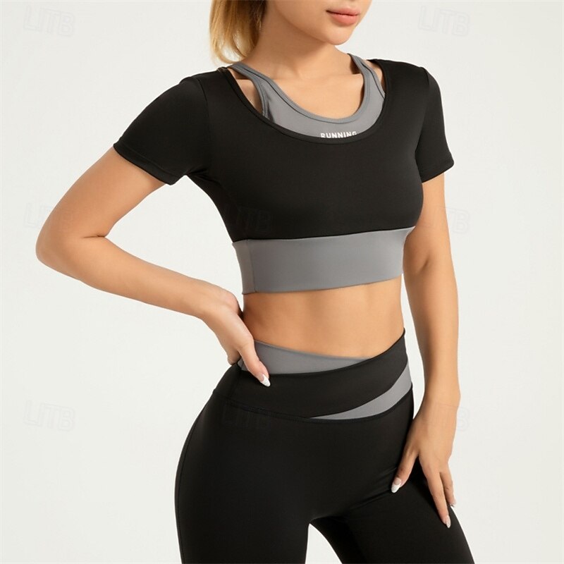 Women's Yoga Top Scoop Neck Breathable Patchwork Short Sleeve Sports Solid Color Tee Tshirt Top For Running Fitness Yoga Loose Fit Activewear