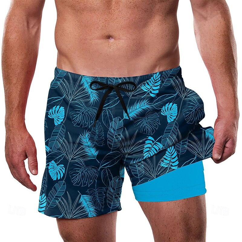 Men's Palm Leaf Tropical Plants Lined Shorts 2 in 1 Board Shorts Swim Shorts Mid Waist Hawaiian Vacation Beach Wear Side Pockets With Compression Liner Elastic Drawstring Waist Designer Clothing2