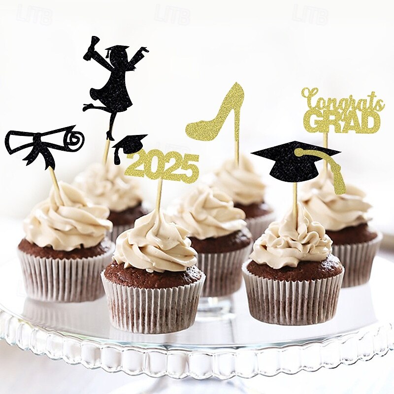 24 Pieces 2025 Graduation Cupcake Toppers 48 PCS Food/Appetizer Picks For Graduation Party Mini Cake Decorations Diploma 2025 Grad Cap Set 24 Pieces2