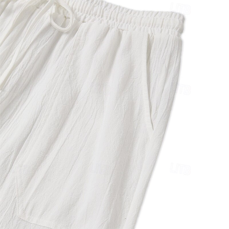Men's Shorts Linen Shorts Summer Shorts Beach Shorts Drawstring Pocket Elastic Waist Plain Comfort Breathable Knee Length Casual Daily Holiday Ethnic Style Retro Vintage Black White4