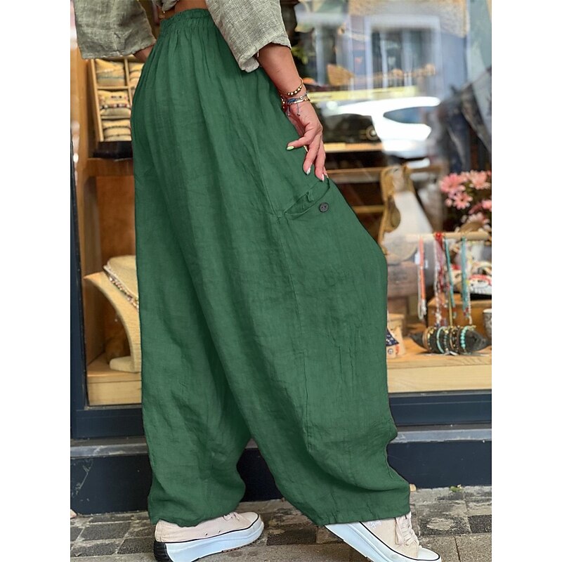 Women's Wide Leg Baggy Pants Solid Color Bloomers Fashion Basic Full Length Medium Waist Plain Pocket Elastic Waist Comfort Outdoor Micro-elastic Vacation Street Daily Golden Navy Black Orange4
