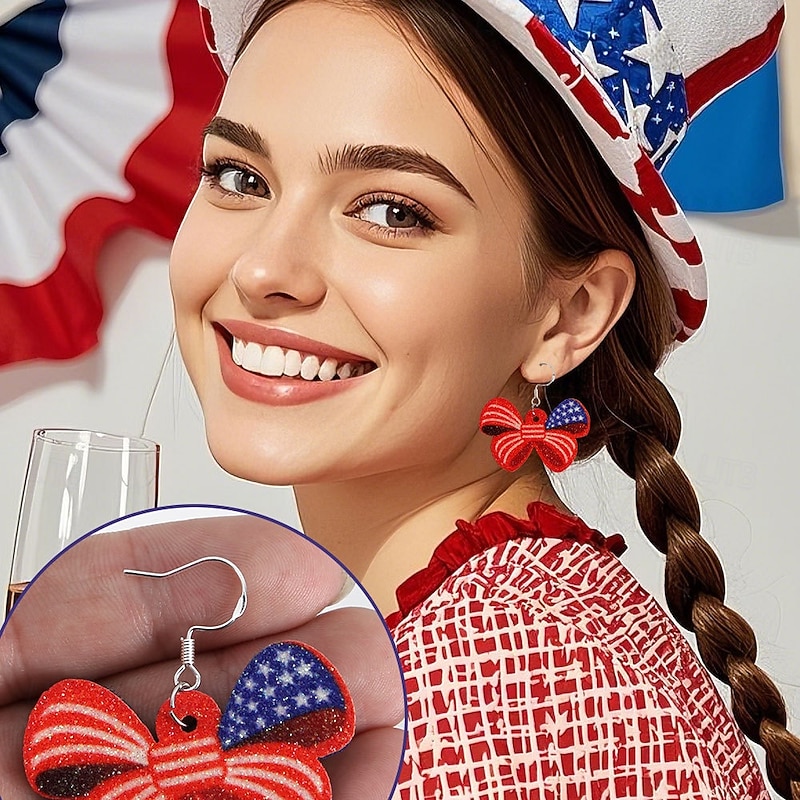 6 Pairs 4th of July Earrings for Women Patriotic American Flag Star Earring Red White Blue Dangle Drop Earrings Holiday Jewelry Gift3