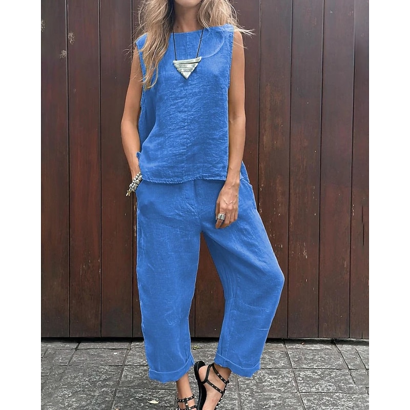 Women's Active Blouse Pants Sets Sleeveless Crew Neck Solid Color Holiday Weekend Black Yellow Blue Summer Regular Fit3