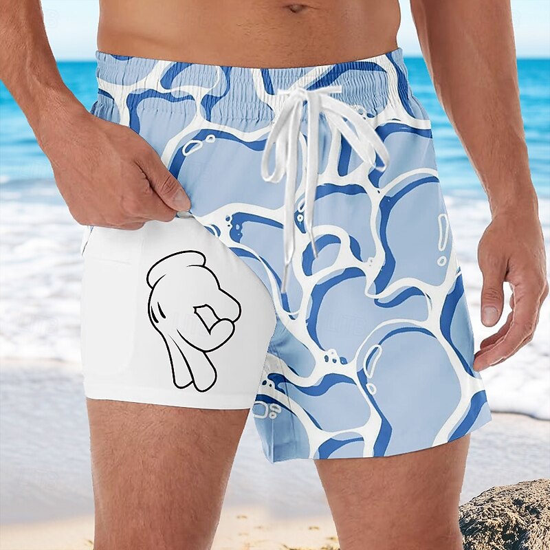 Men's Geometric Funny gestures Lined Shorts 2 in 1 Board Shorts Swim Shorts Mid Waist Hawaiian Vacation Beach Wear Side Pockets With Compression Liner Elastic Drawstring Waist Designer Clothing3