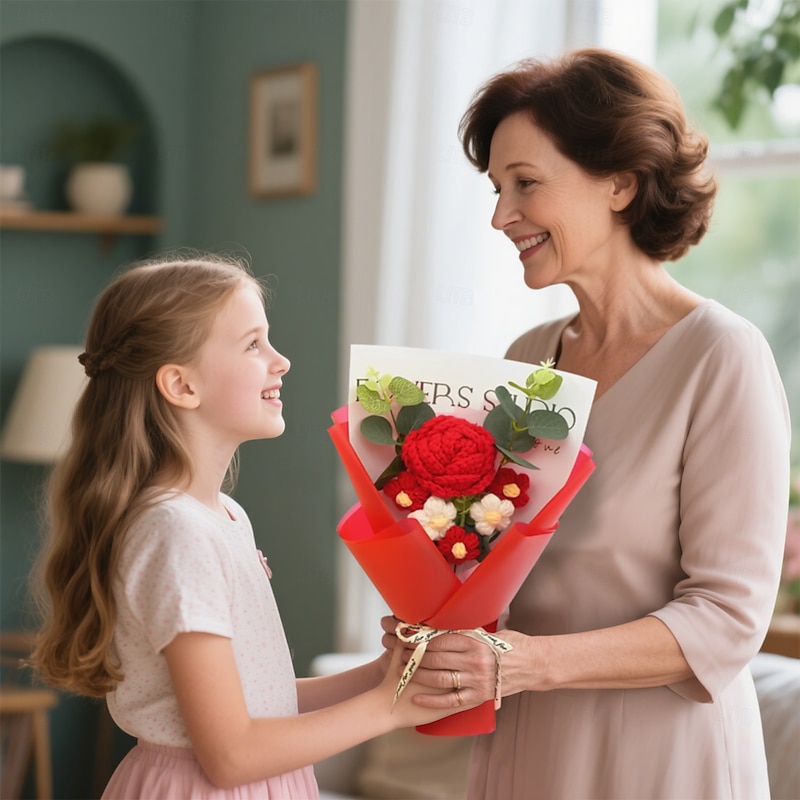 Crochet Flowers Bouquet Gift, Handmade Carnation Rose Tulip Yarn Flowers for Mom, Wife, Girlfriend – Mother's Day, Valentine's, Graduation, Christmas, Birthday, Anniversary Keepsake3