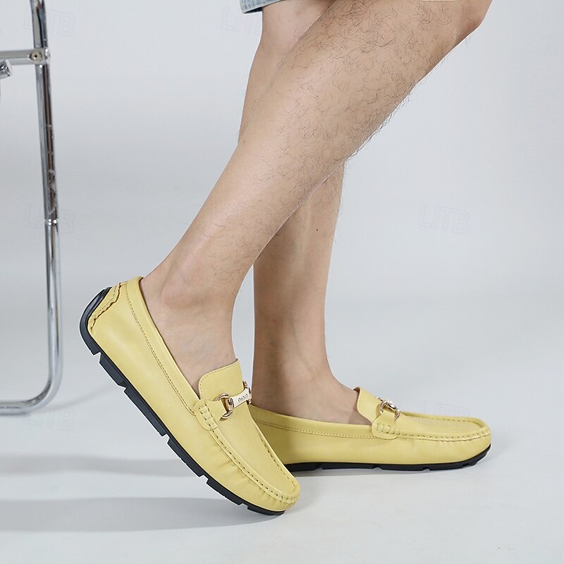 Men's Yellow Moccasins with Metal Buckle, Casual Slip-On Driving Shoes, Perfect for Spring and Summer Vacations3