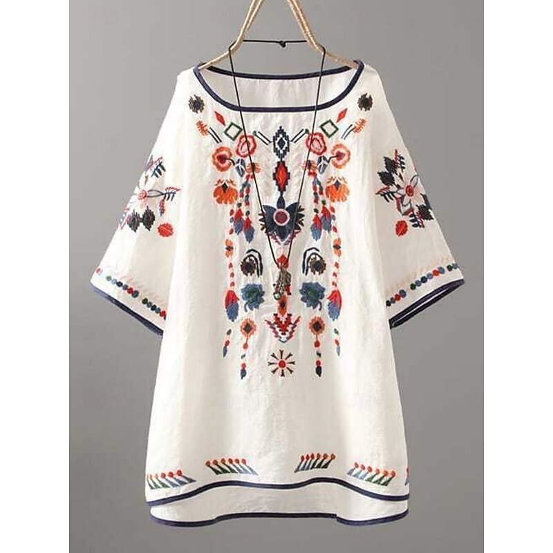 Women's Blouse Floral Bohemia Basic Casual Half Sleeve Crew Neck Regular Tops Daily Embroidered White Yellow Red Summer3