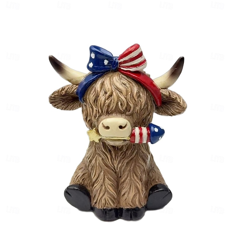 4th of July Decorations Patriotic Highland Yaks for Home Decor, USA Garden Statue Outdoor Yard Decorations, Stars and Stripes Highland Yak Figurine for Memorial Day Independence Day2