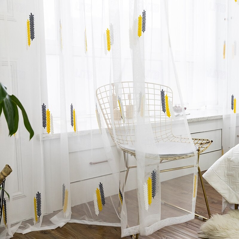 2Pcs American Country Style Wheat Ear Embroidery Window Screen Living Room Bedroom Dining Room Study Semi Transparent Curtains3