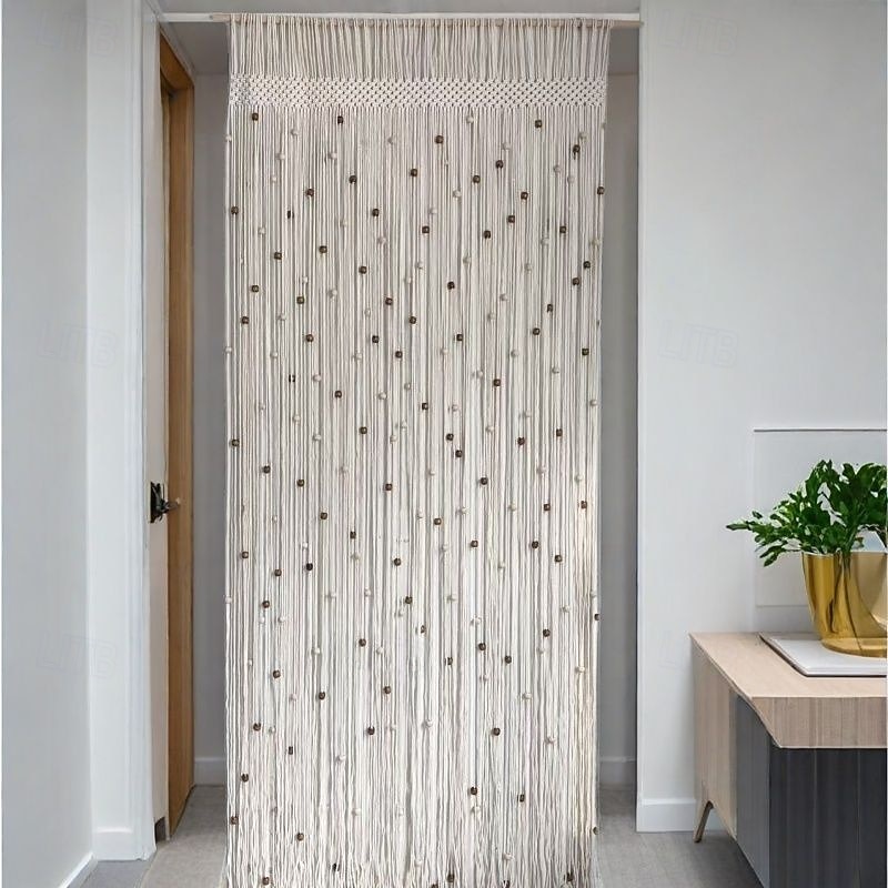 Boho Macrame Beaded Curtain Handmade Door String Curtain for Doorway Window Cotton Tassels Beads Hanging Hippie Room Divider Hallway Closet Bedroom Living Room Decor