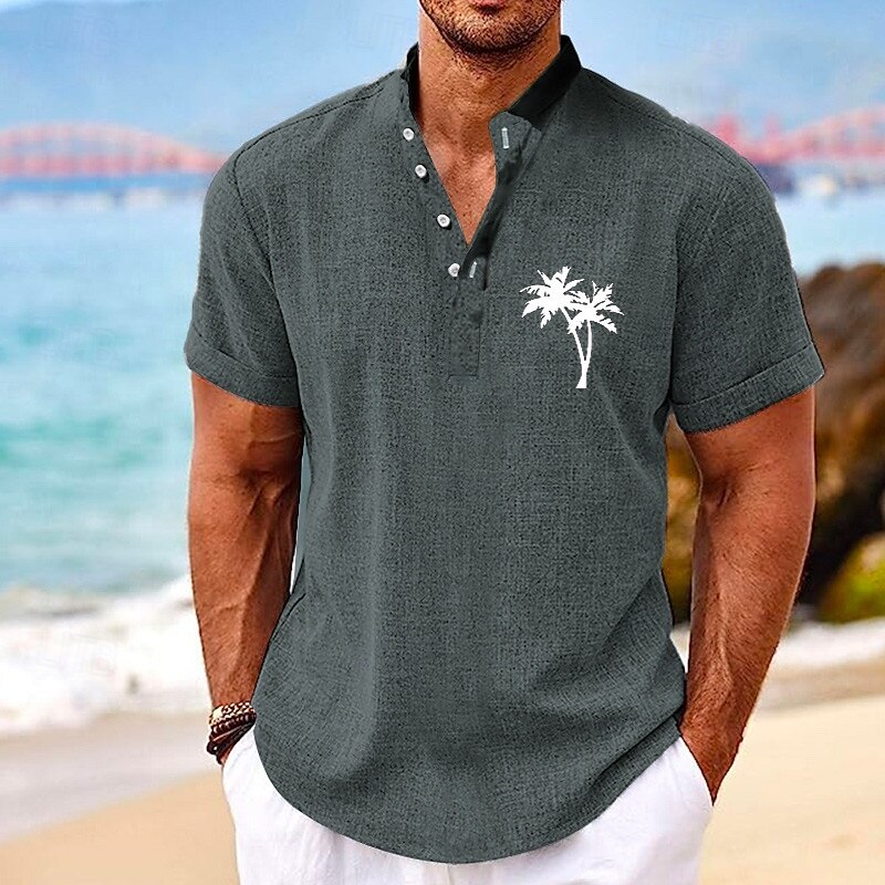 Men's Shirt Linen Shirt Beach Shirt Coconut Tree Outdoor Vacation Black Green Khaki Gray Short Sleeve Stand Collar Summer Spring Clothing Apparel Print