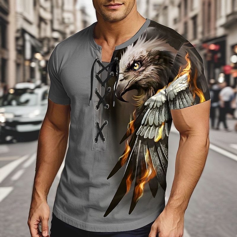 Men's Eagle T Shirt Short Sleeve T shirt 3D Print Lace Up Neck Shirt Exaggerated Designer Street Casual Daily Yellow Blue Purple Summer Spring Clothing Apparel S M L XL XXL XXXL