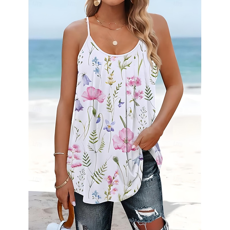 Women's Blouse Floral Graphic Bohemia Vintage Tropical Sleeveless Strap Regular Tops Daily Print Backless White Pink Purple Summer Spring