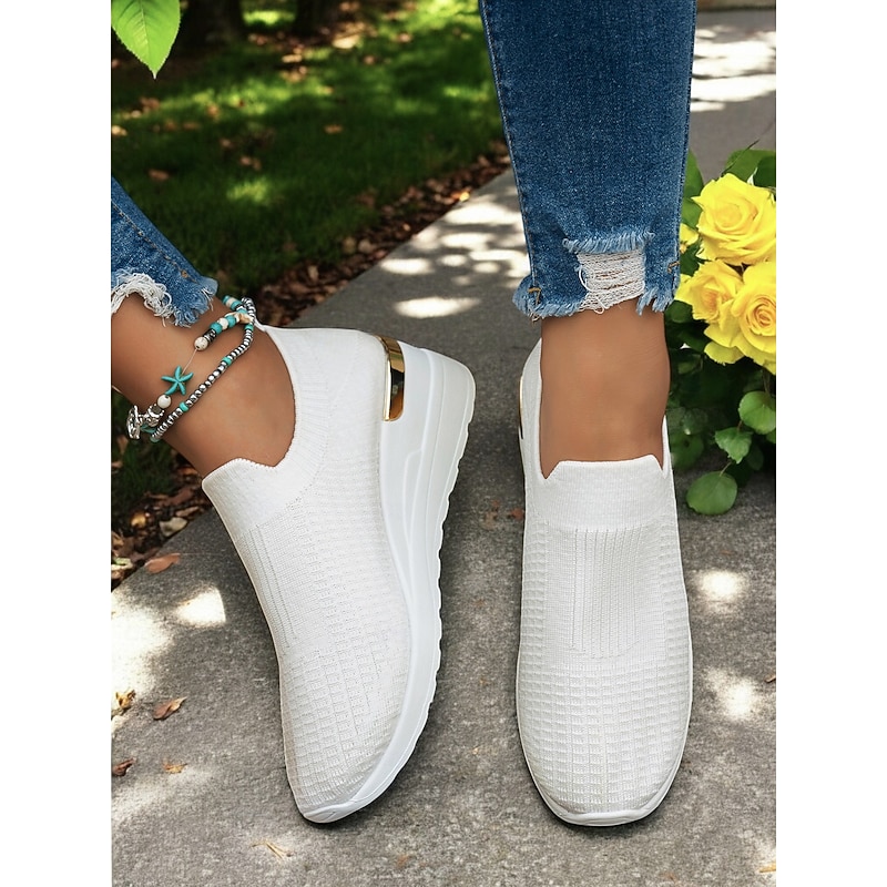 Women's White Knit Slip-On Sneakers – Modern & Comfortable Style for Active Women in Outdoor Walks, Gym Sessions & Casual City Explorations